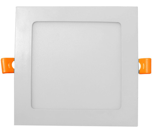 Westgate Manufacturing 6 SQ LED SLIM RECESS + J BOX, recessed LED light fixture with white frame and orange safety clips.