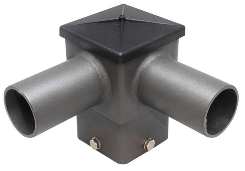 Westgate Manufacturing SQUARE HORIZONTAL TENON, BRON, a black and grey metal pipe fitting with a square top and two horizontal tubes.