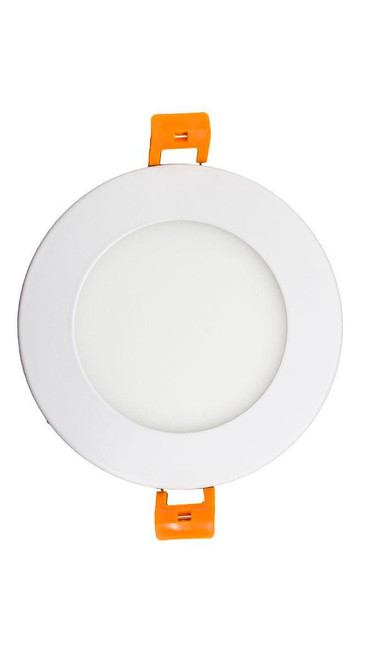 Westgate Manufacturing 4 LED SLIM RECESS + J BOX, DI, round recessed LED light fixture with white finish and orange mounting clips for ceiling installation.