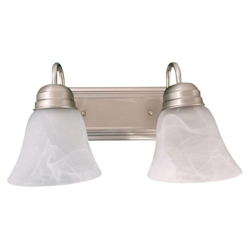 Eiko Bulb Ready Vanity Leawood 2 Lamp A19 Nickel, modern bathroom light fixture with two frosted glass shades and satin nickel finish.