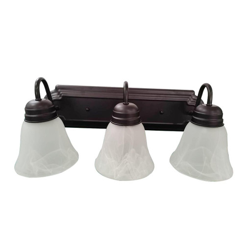 Eiko Bulb Ready Vanity Leawood 3 Lamp A19 Bronze, ceiling light fixture with three bell-shaped frosted glass shades and bronze finish.