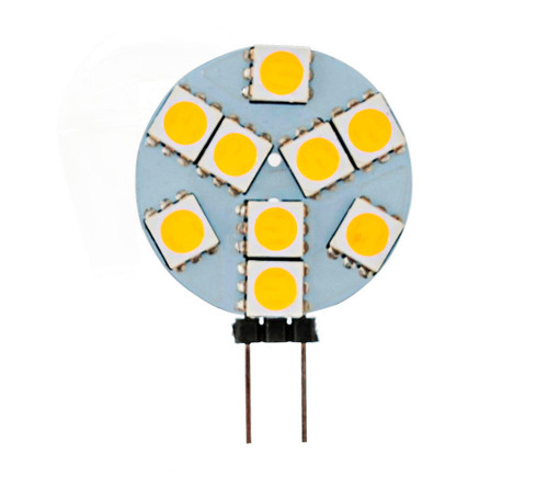 Westgate Manufacturing G4 Base Lamp 9 X SMD5050 2W 12, close-up image of a blue circular LED lamp with multiple yellow LED chips arranged in a circular pattern.