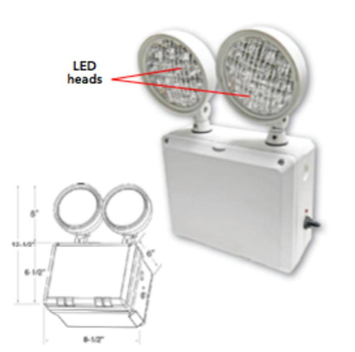 Westgate Manufacturing REF. TFX-2-LED, dual LED work light with adjustable LED heads and a white mounting box for industrial or outdoor lighting.