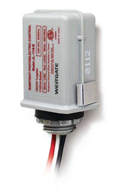 Westgate Manufacturing STEM-MOUNT PHOTOCONTROL 240V M, photo of a white outdoor photocontrol device with wiring wires below and manufacturer details on the label.