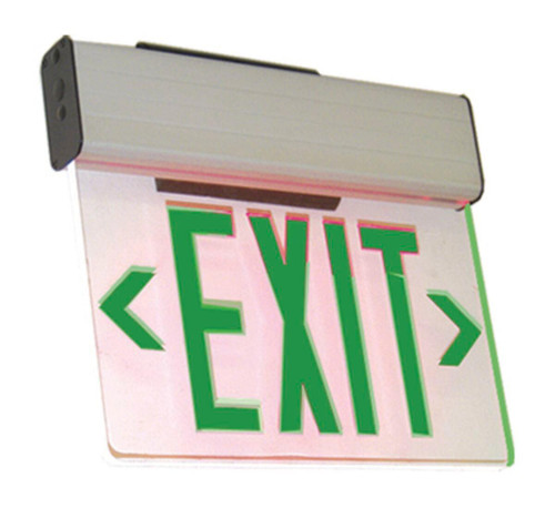 Westgate Manufacturing LED EDGELIT EXIT SIGN W. B/C 1, illuminated green exit sign with directional arrows for emergency exit pathways.
