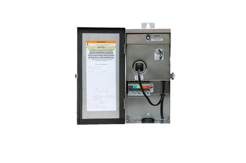 Westgate Manufacturing 300W Multi-Tap Landscape Transformer, outdoor electrical transformer with multiple voltage taps and warning labels on a black and metallic enclosure.