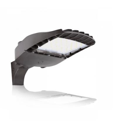 SLG Lighting ALW Medium Wave Area Light, LED outdoor lighting fixture with dark bronze finish, featuring adjustable wattage options from 40W to 150W, 6480 to 21600 lumens brightness, and color temperature selectability between 4000K and 5000K.