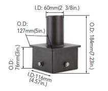 SLG Lighting Tenon Top for 5-inch Square Pole, dark bronze, showing detailed dimensions of 5x7.228 inches and 2-3/8 inches O.D, with a black finish and square mounting base.