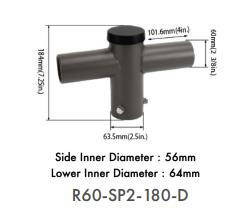 SLG Lighting Double 180\' Horizontal Tenon Adaptor, image of a black metal fixture with side inner diameter of 56mm, lower inner diameter of 64mm, and dimensions of 101.6mm by 63.5mm, designed for mounting two fixtures over 2-3/8\" (60mm) O.D.