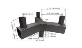 SLG Lighting Low Profile Steel Bullhorn, detailed image showing a bronze low profile steel bullhorn with three fixture tenons, 120-degree angle, 20-inch arm spread, fixture tenon and pole mounting 2 3/8 inches, with precise measurements and design features.