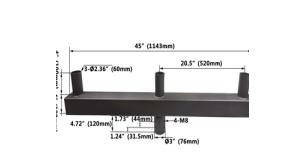 SLG Lighting Low Profile Steel Bullhorn, product image showing a bronze low-profile steel bullhorn fixture with 3 fixture tenons, 180-degree orientation, 20-inch arm spread, and 2 3/8-inch pole mounting and fixture tenons, with detailed measurements.