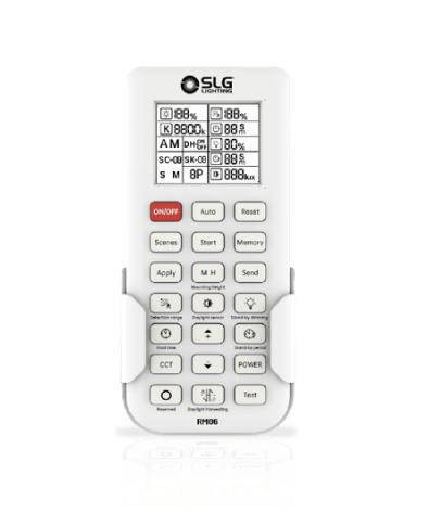 SLG Lighting Remote for MS-DCE-09-L7 / MS-DCE-09-L7-W, white remote control with various buttons for lighting control and settings