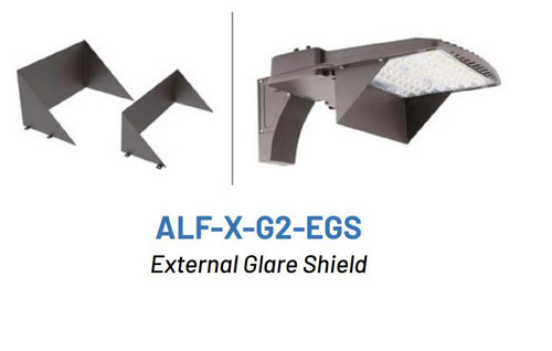 SLG Lighting External Glare Shield for ALF G2 Medium Area Light, Dark Bronze, image showing product components and mounted light fixture.