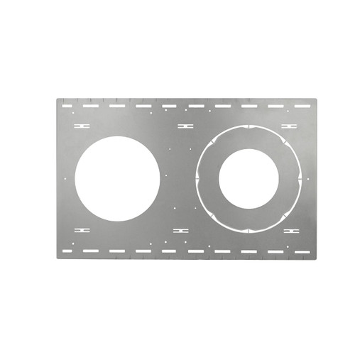 Eiko Downlight New Construction Plate Stud/Joist, metal mounting plate for recessed lighting installation with pre-cut holes for electrical wiring and fixture support.