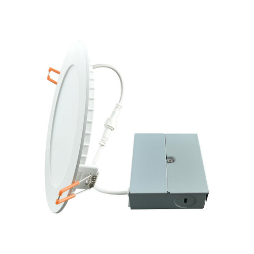 Eiko Downlight Wafer Remote Driver 6IN 800LM 12W 80CRI 3000K 120V Triac Dimming, white recessed LED downlight with remote driver and connector for adjustable lighting.