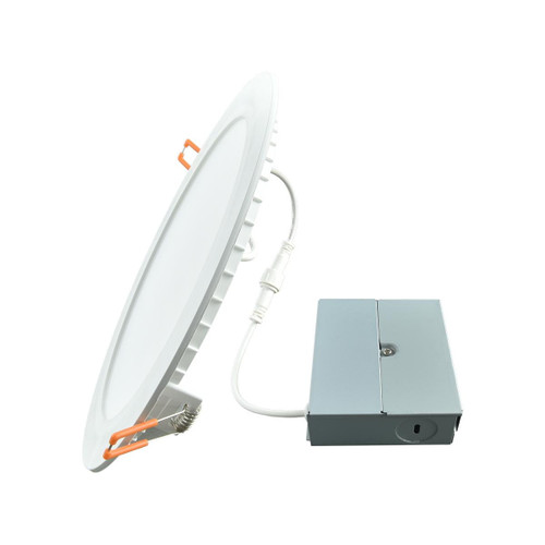 Eiko Downlight Wafer Remote Driver 8IN 850LM 12W 80CRI 3000K 120V Triac Dimming, LED recessed ceiling light with white trim and connected electrical components.