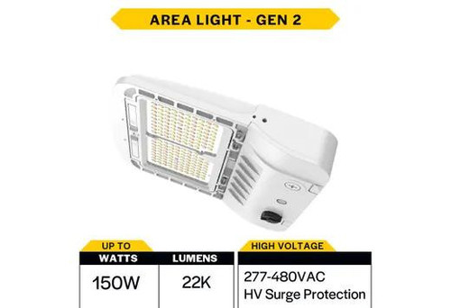 Halco Sektor Area Light G2 High Voltage Lumen Select, field adjustable type 3, with 5 lenses, available in color temperatures 3K-4K-5K, suitable for 277-480VAC, featuring white finish, with 3 pin recept, shorting cap, Z10 sensor base with cover, and 10KVA HV surge protection for high voltage lighting applications.