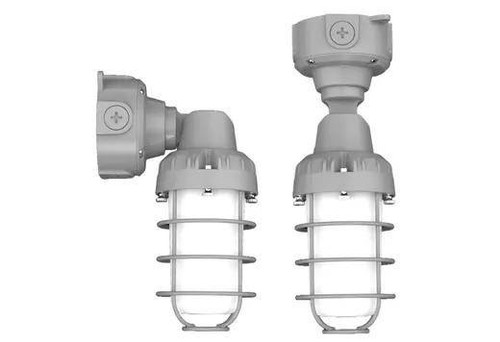 Halco VPTAJR-LS-CS-U-GR 12556 Vaportight Adjustable Arm Jelly Jar LED Light, gray die-cast body with adjustable arm and protective cage, 10W or 20W, 4000K or 5000K, field-selectable watts and color temperature, suitable for wet locations, 120-277VAC.