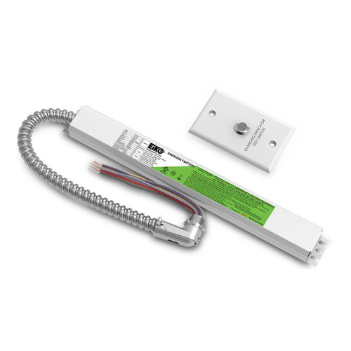 Eiko EiKO Emergency Battery External 8W 120-347V 170VDC Single Flex-Conduit CEC Compliant, with a power supply and charging indicator test switch, designed for emergency lighting systems.