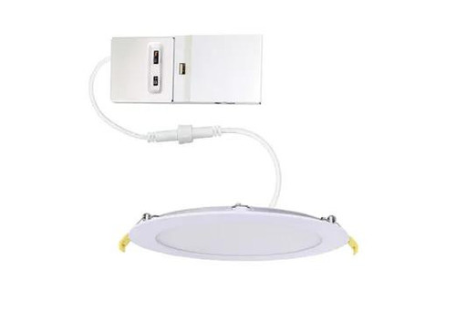 Halco Commercial Slim Downlight 4in 13W Lumen Select 660-820-1075lm 2700-5000K Color Selectable Smooth Trim 120-277V Dimmable TRIAC-ELV & 0-10V, LED recessed downlight with white trim and electrical driver.