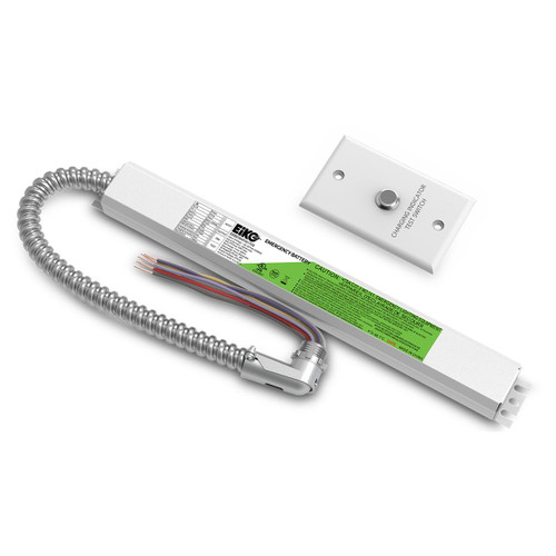 Eiko EiKO Emergency Battery External 18W 120-347V 170VDC Single Flex-Conduit CEC Compliant, with charging indicator test switch and wiring harness.
