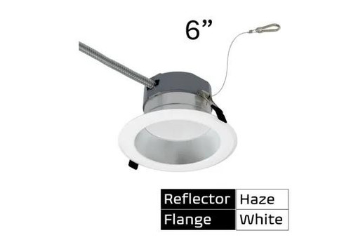 Halco Commercial Retrofit Downlight, 6-inch LED downlight with haze reflector, white flange, adjustable lumen and CCT, dimmable with TRIAC/ELV & 0-10V, suitable for commercial lighting.