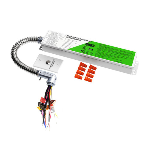 Eiko EiKO Emergency Battery External 40W 120-347VAC 170VDC Linear Single Flex-Conduit CEC Compliant, image showing the battery kit with cables, connectors, and orange protective caps.