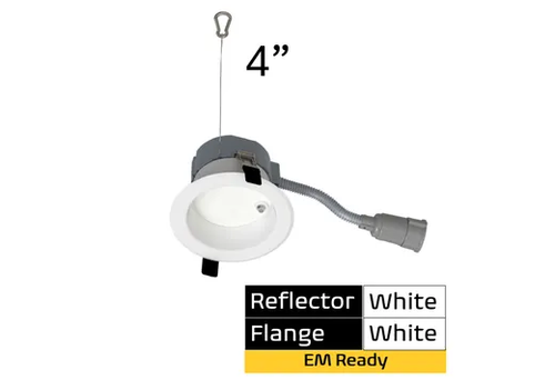 Commercial Retrofit Downlight, 4in, Emergency Battery Ready, Lumen and CCT Select, 120-277V, Dimmable TRIAC/ELV & 0-10V, White Reflector, White Flange