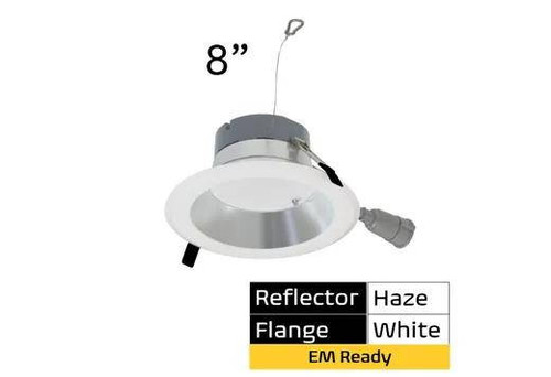 Halco Commercial Retrofit Downlight, 8-inchHaze reflector with white flange, emergency battery ready, dimmable with TRIAC/ELV & 0-10V, suitable for 120-277V, featuring lumen and CCT selection.