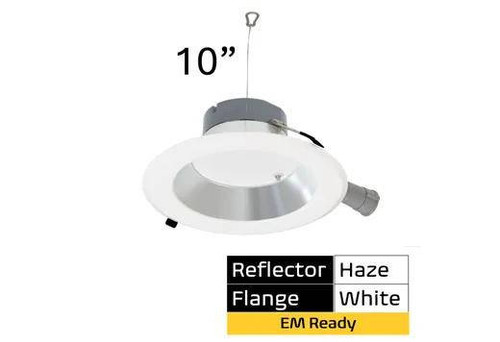 Halco Commercial Retrofit Downlight, 10-inch emergency battery-ready recessed lighting fixture with haze reflector, white flange, dimmable options, and compatible with 120-277V power supply.