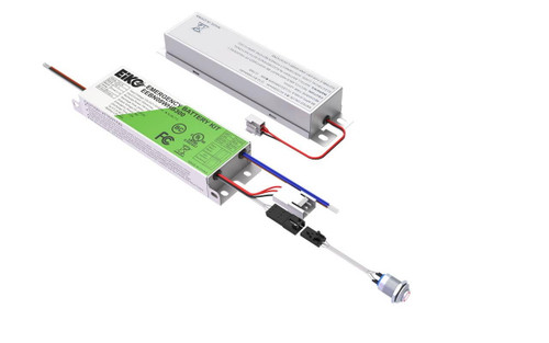 Eiko EiKO Emergency Battery Kit Internal 8W, 120-347VAC 50-300VDC, High Temp 140°F, CEC Compliant, with wiring and connectors for emergency lighting system.