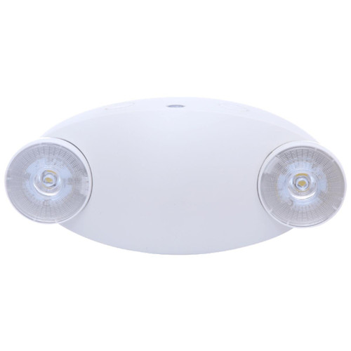 Eiko Emergency Light White Housing, ceiling-mounted emergency lighting fixture with dual round LED lights for safety and illumination during power outages.