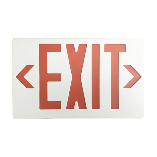 Eiko Exit Sign Red White Housing, illuminated emergency exit sign with bold red 'EXIT' lettering and directional arrows on a white background.