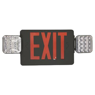 Eiko Exit Sign Red with Emergency Light Black Housing, LED illuminated emergency exit sign with dual side lights for safety and visibility.