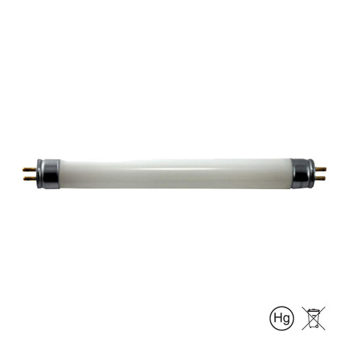 Eiko 8W Day Light 6500K T-5 G5 Base, fluorescent tube light with a white cylindrical body and black end caps, suitable for indoor lighting applications.