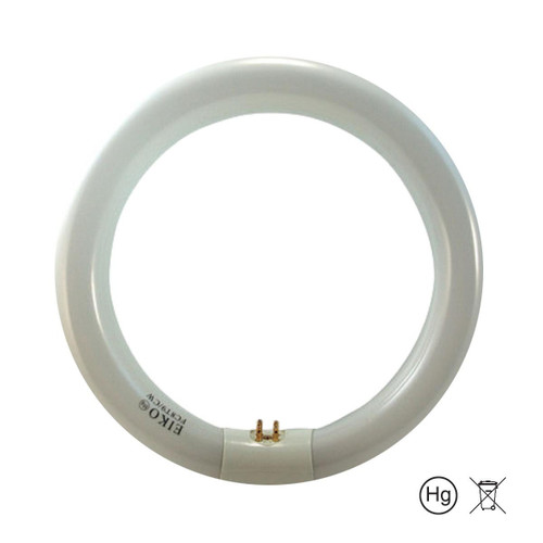 Eiko 22W Cool White Circline T-9 G10Q Base, circular fluorescent light bulb with a white finish and G10Q base fitting.
