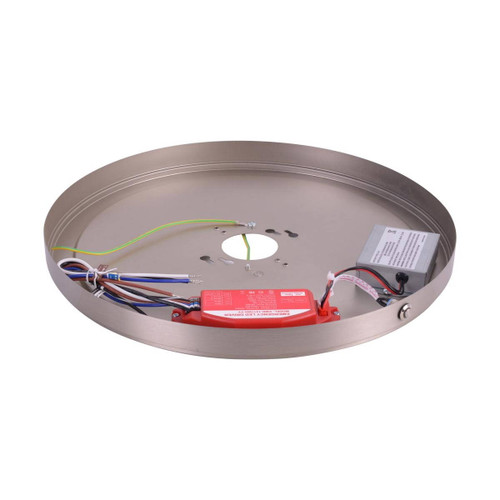 Eiko Battery Back Up for Flush Mount Ages 14\", internal view showing battery pack, wiring, and component placement inside a circular metallic frame.