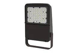 Halco ProLED Select Flood 70W, product image of a black outdoor LED floodlight with yoke mount, featuring adjustable color temperature options of 3000K, 4000K, and 5000K, designed for 120-277V electrical installations.
