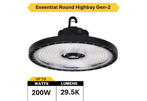 Halco Essential Round Highbay (Gen-2) Controls Ready 3.5mm Jack Lumen Select 19,600-23,100-29,500 (120W-150W-200W), Color Select 4000K or 5000K, 120-277VAC, 0-10V Dimming, Black