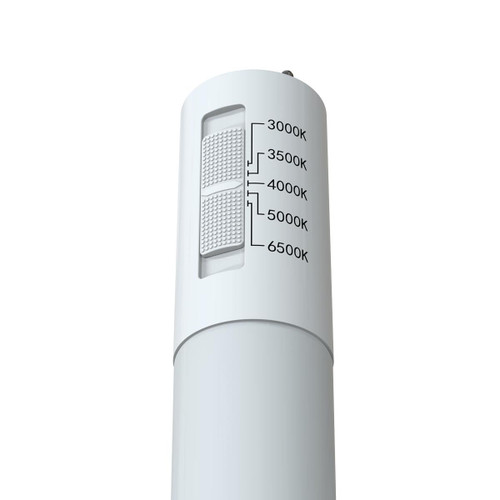 Eiko 14W 1800LM T8 4FT Type B Single+Double End Glass 80CRI 30/35/40/50/65K 120-277, close-up of lighting product with color temperature option labels from 3000K to 6500K.