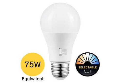 Halco 11A19-LED-9CS-E26-D-T20 83213 LED A19 Lamp Medium (E26) Base Color Selectable 2700K-5000K 11W 1100 Lumens (75W Equiv) Dimmable T20, LED light bulb with adjustable color temperature and medium base.