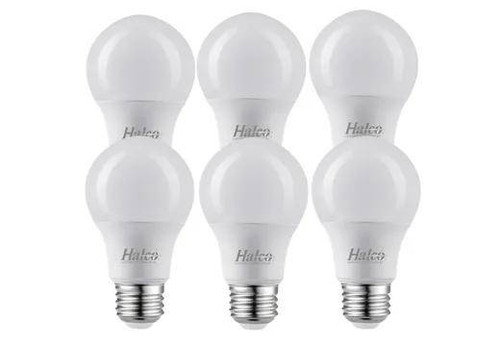 Halco 9A19-LED5-830-ND-6PK 85102 9 Watt A19 E26 Base LED 3000K Non-Dimmable G5 light bulbs, six-pack, with a standard screw base and white finish.
