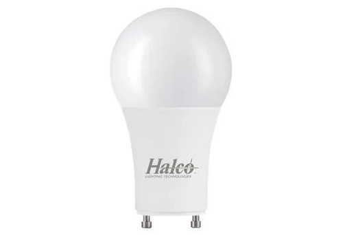 Halco 9A19-GU24-LED5-850-D 85152 A19 9W GU24 Base LED 5000K Dimmable G5, image of a white LED light bulb with a rounded top and GU24 base.