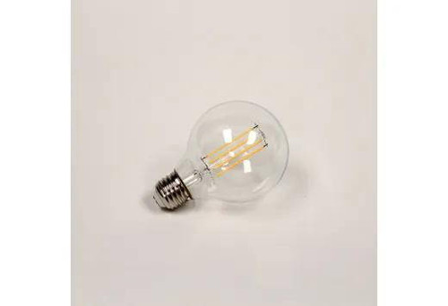 Halco LED Globe (G25) Filament Bulb Clear Medium (E26) Base 120V 800 Lumen 15000 hours 80 CRI Dimmable, close-up of the transparent globe LED filament light bulb on a plain background.