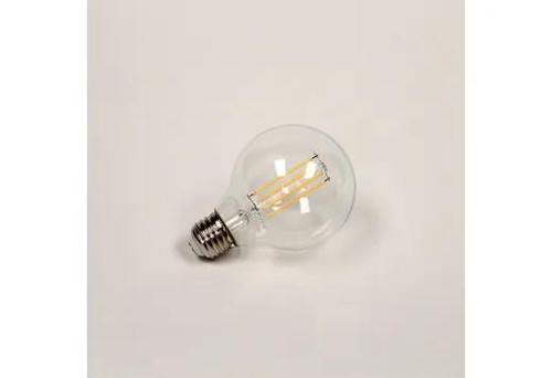Halco LED Globe (G25) Filament Bulb Clear Medium (E26) Base 120V 800 Lumen 15000 hours 80 CRI Dimmable, close-up of the transparent globe LED filament light bulb on a plain background.