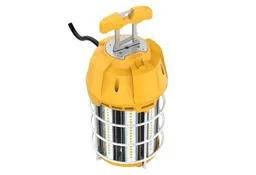 Halco LED Temporary Work Light Fixture 150W 5000K 120V 18000 Lumens 80CRI Non-Dimmable, yellow and silver portable LED work light with heat-resistant handle and durable metal base.