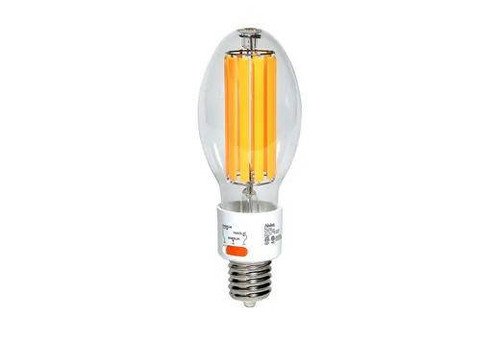 Halco LED HID Filament ED28 Lamp 30W-45W 5000K Selectable Lumens (5850/7400/8750) EX39/E39 Base, energy-efficient LED bulb with a clear glass exterior and orange LED filaments for industrial and commercial lighting.