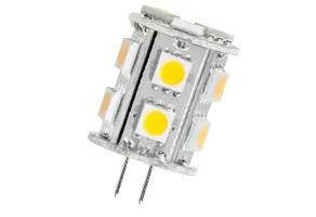 Halco LED JC Lamp 1.5W, close-up of a compact G4 base LED bulb with yellow LEDs, 3000K color temperature, 150 lumens brightness, non-dimmable, 20,000 hours lifespan, suitable for 10-18V applications.