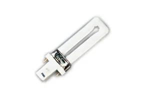 Halco CFL Single Tube 2-Pin T4 Bulb G23 Base 5W 2700K Dimmable, close-up of the energy-efficient compact fluorescent light bulb with white tube and G23 base.