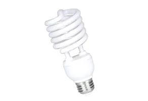 Halco CFL T2 Spiral T2 Bulb Medium E26 Base 26W 2700K Non-Dimmable, image of a white compact fluorescent spiral light bulb with screw base.